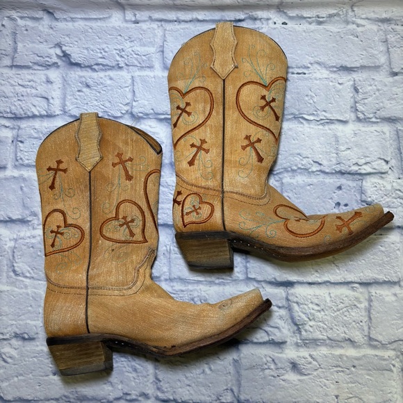 Corral Teens Western Boots Cowgirl Shoes Womens Size 4 Tan Leather Hearts - Picture 9 of 11
